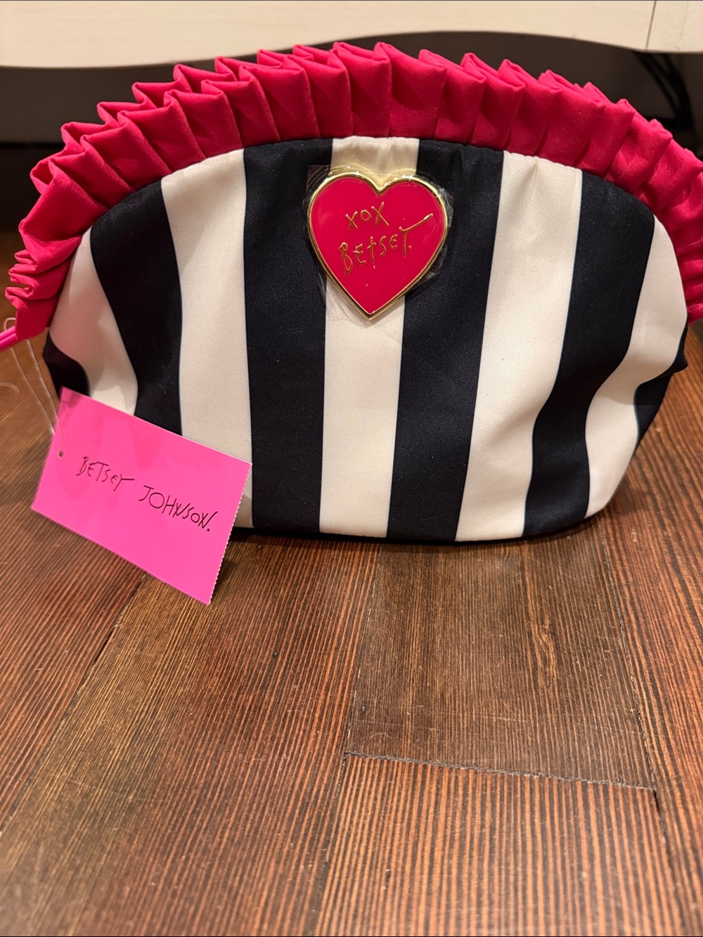 Betsey Johnson Black & White Striped Cosmetic Pouch with Hot Pink Ruffle Trim